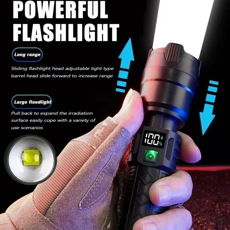 High Lumen Tactical Flashlight – Telescopic Zoom, Digital Display & USB-C Rechargeable