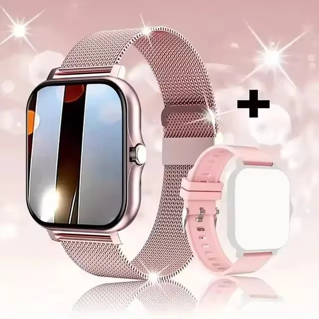 Smartwatch with Pink  metal band on a reflective surface