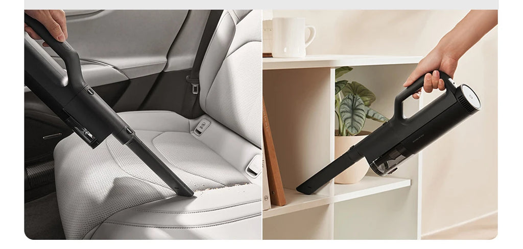 Vacuum cleaning a car seat and a shelf with a handheld vacuum cleaner.