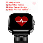 Smartwatch with heart icon on display, featuring sleep monitor, heart rate monitor, blood oxygen monitor, and blood pressure monitor functions.