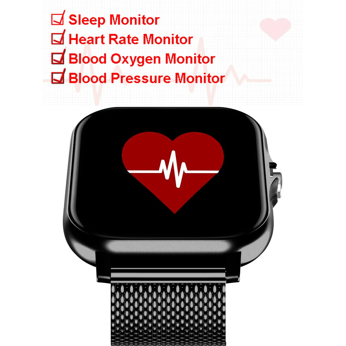 Smartwatch with heart icon on display, featuring sleep monitor, heart rate monitor, blood oxygen monitor, and blood pressure monitor functions.
