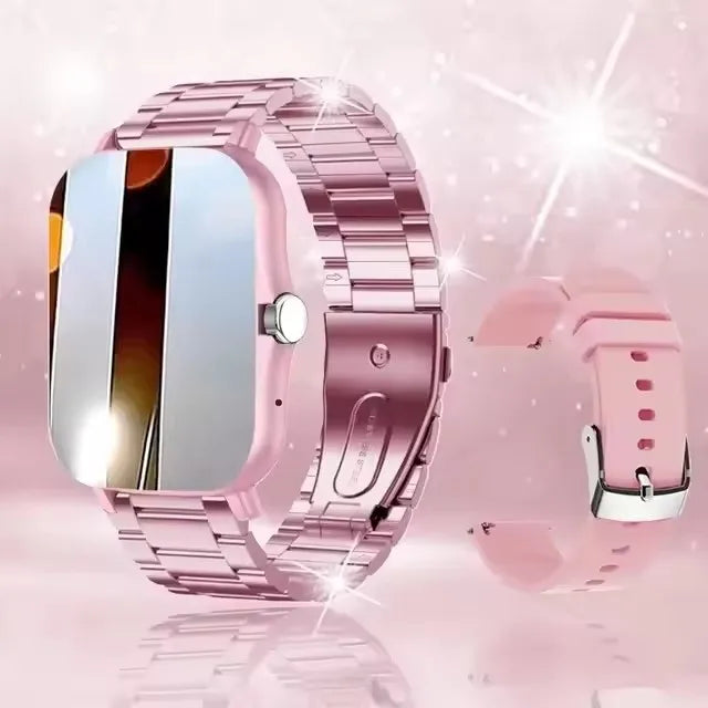 Grey  smartwatch with both  bands on a reflective surface