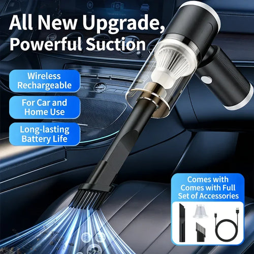Car vacuum cleaner with text highlighting features on a car interior background