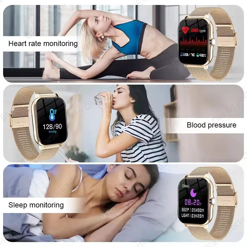 Smartwatch with heart rate, blood pressure, and sleep monitoring features displayed on a woman exercising and resting.
