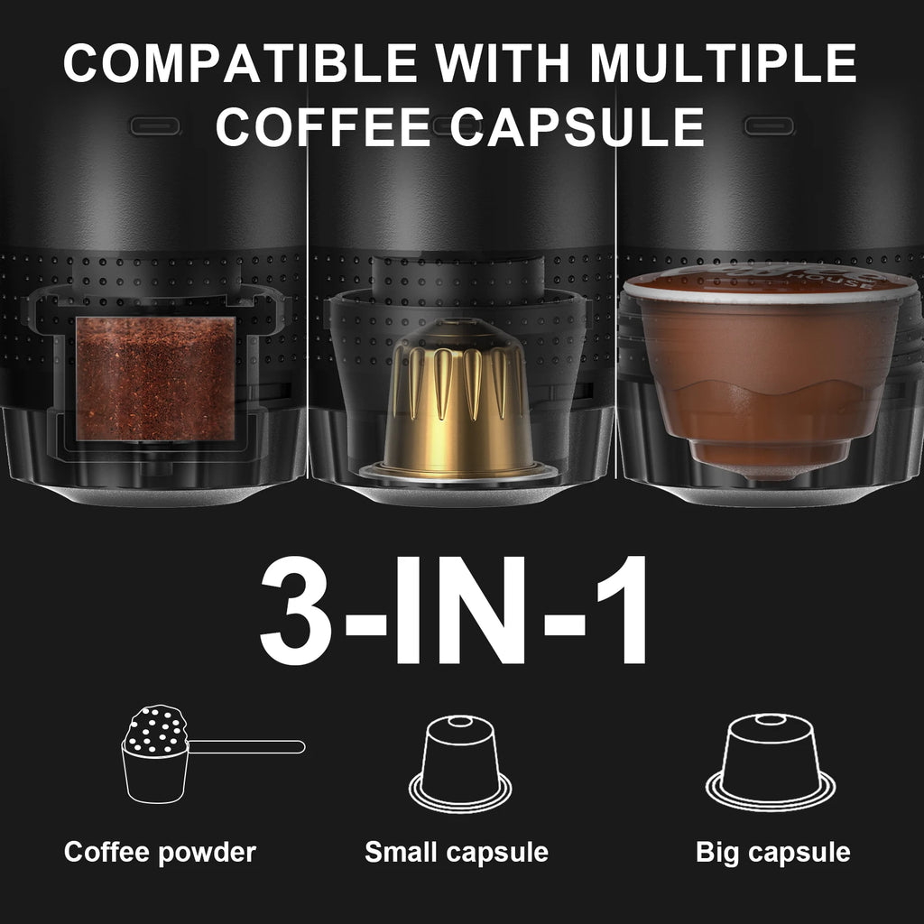 DENOKIN 3-in-1 Portable Espresso Coffee Machine — Capsule, Pod & Ground Coffee | Travel,- Camping & Home