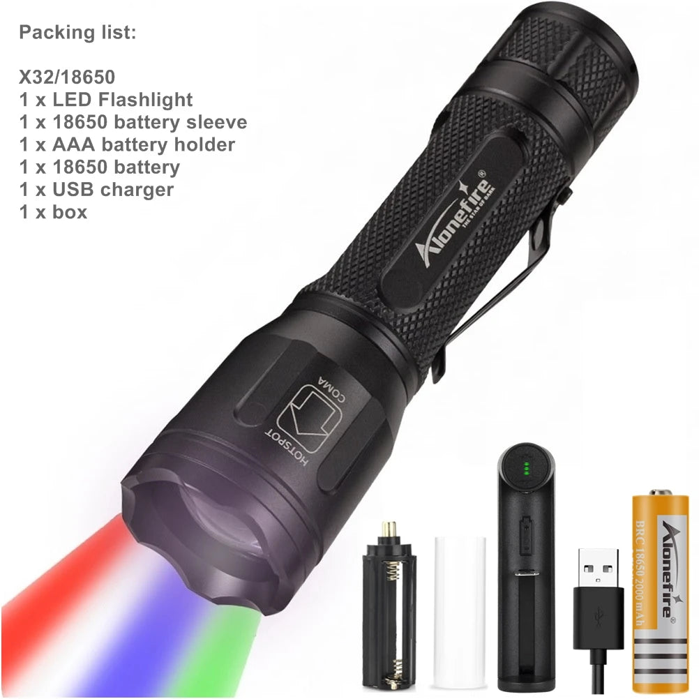 Alonefire X32 4-in-1 Multicolour LED Flashlight – Red, Blue, Green & White
