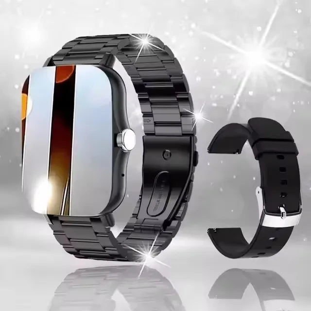 Black  smartwatch with both  bands on a reflective surface