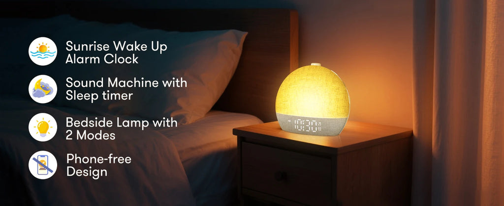 Wake Up Light Sunrise Alarm Clock — Sunset Simulation, White Noise, FM Radio & Dimmable RGB Night Light