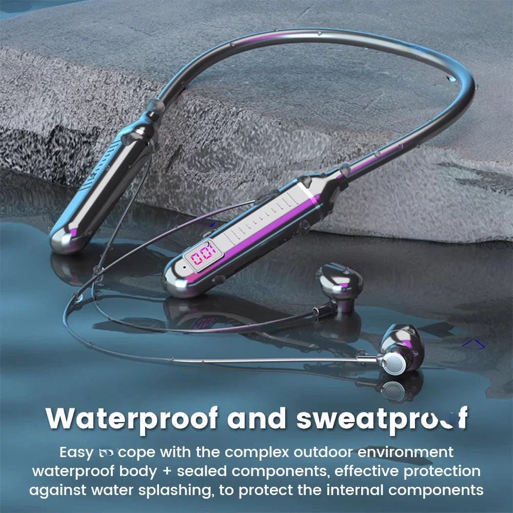 Wireless earbuds with neckband on a wet surface, emphasizing waterproof feature.