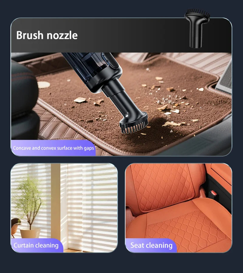 Car cleaning tool with brush nozzle cleaning a car mat, shown with applications on curtains and car seats