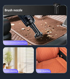 Car cleaning tool with brush nozzle cleaning a car mat, shown with applications on curtains and car seats