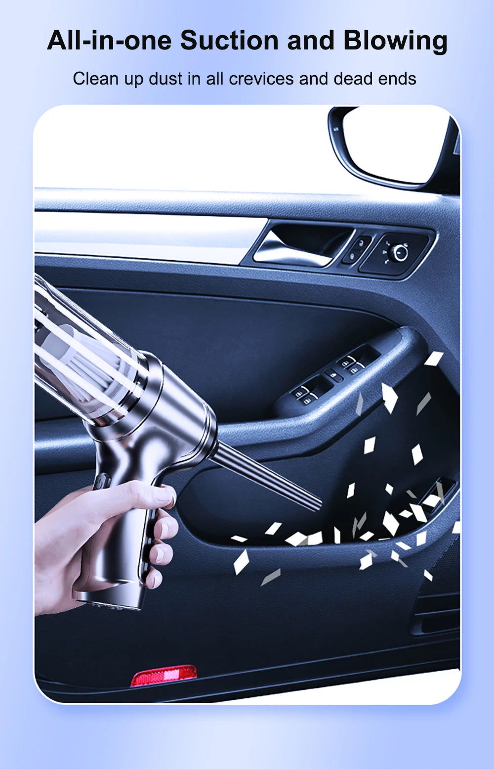 Hand holding a car cleaning tool inside a vehicle with text about suction and blowing capabilities.