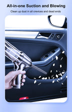 Hand holding a car cleaning tool inside a vehicle with text about suction and blowing capabilities.