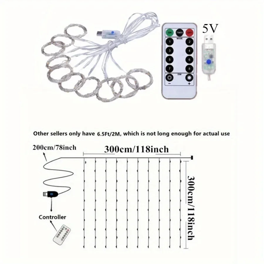 LED Curtain Fairy Lights with Remote Control – USB, 8 Modes, 3 to 6 Metres