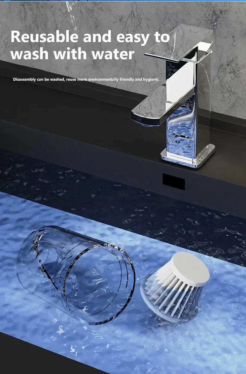 Cleaning brush and glass with text 'Reusable and easy to wash with water' on a dark backgroun