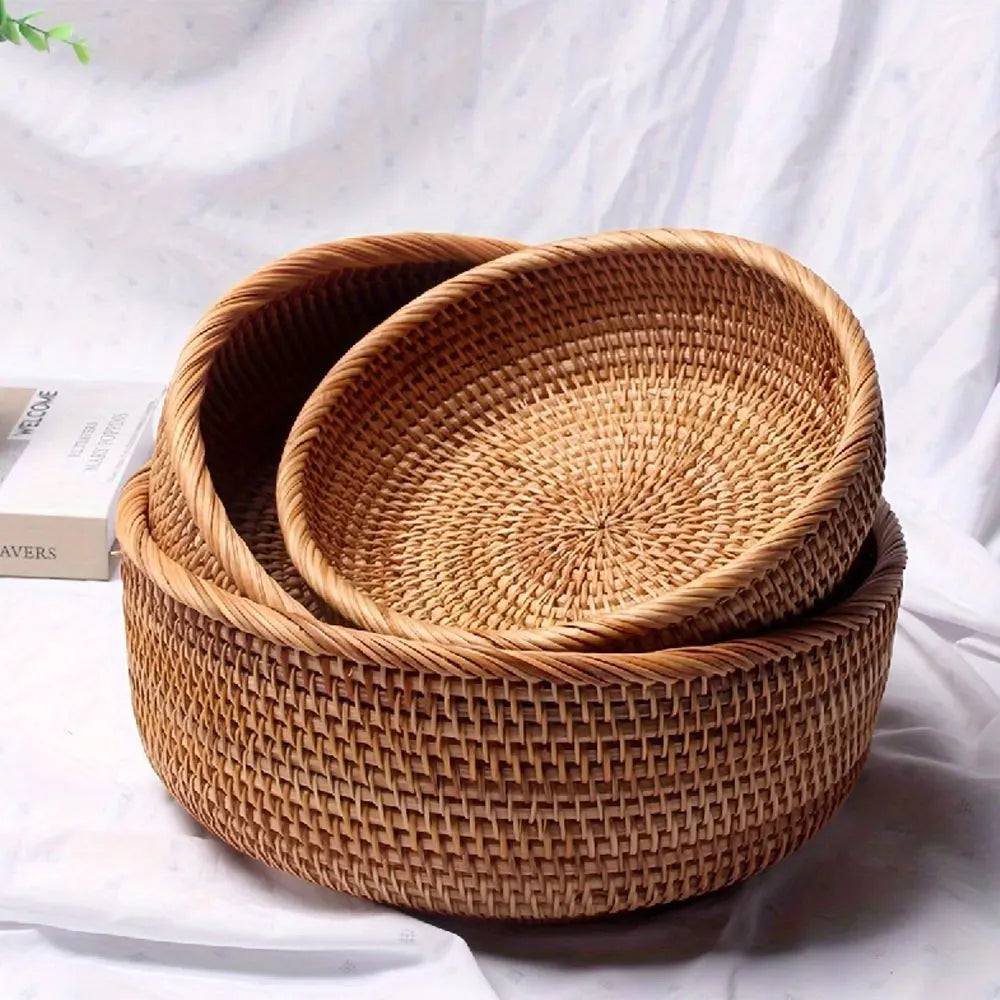 Handwoven Wicker Storage Baskets | Natural Straw Round Baskets | S, M & L
