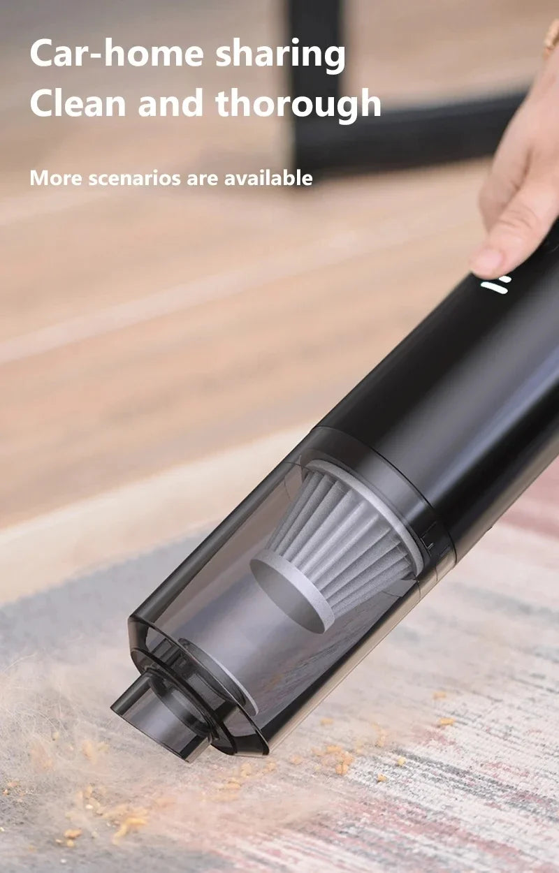 Hand using a black handheld vacuum cleaner on a wooden floor with text about car-home sharing cleaning