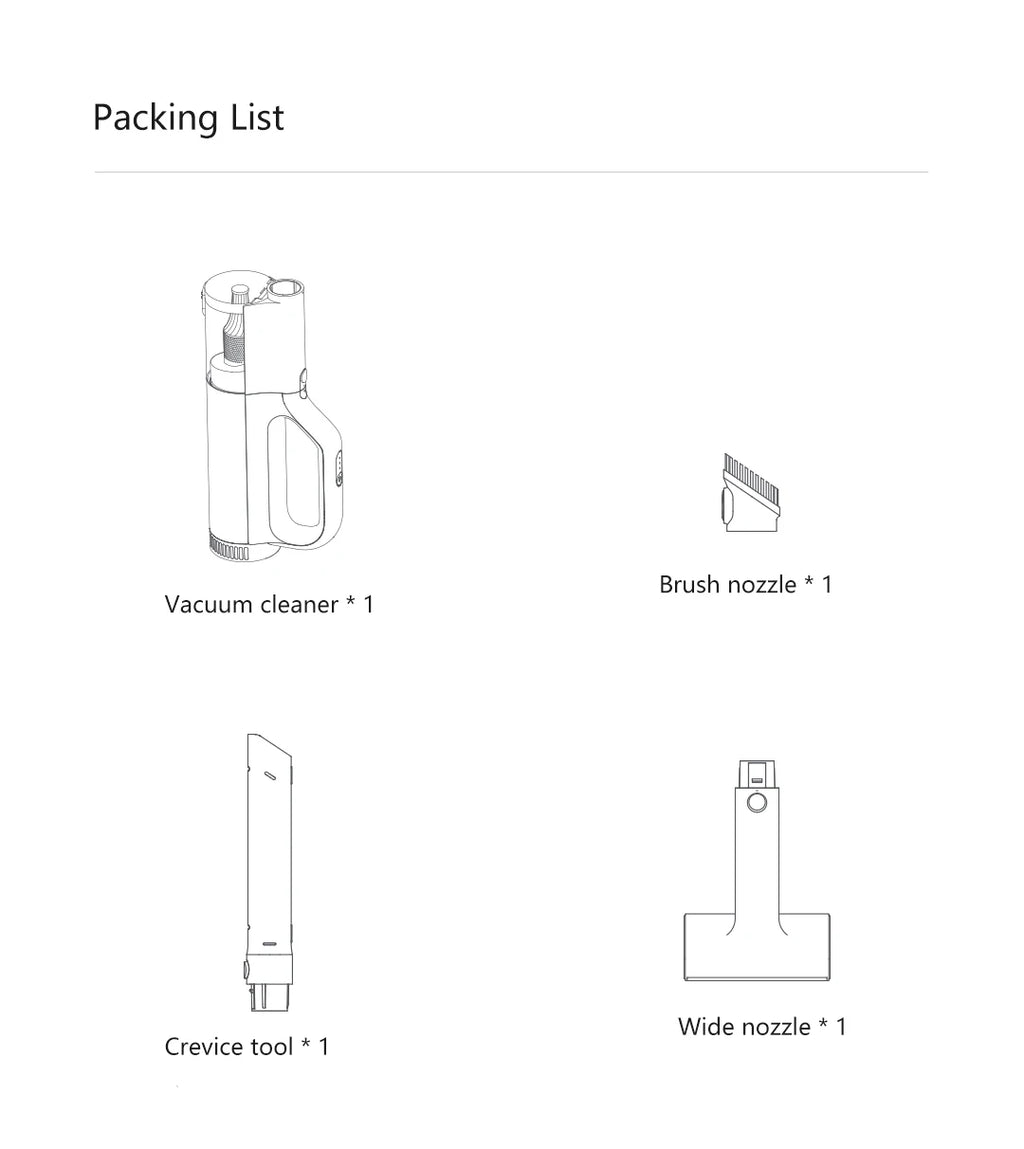 Packing list diagram with vacuum cleaner parts on a white background