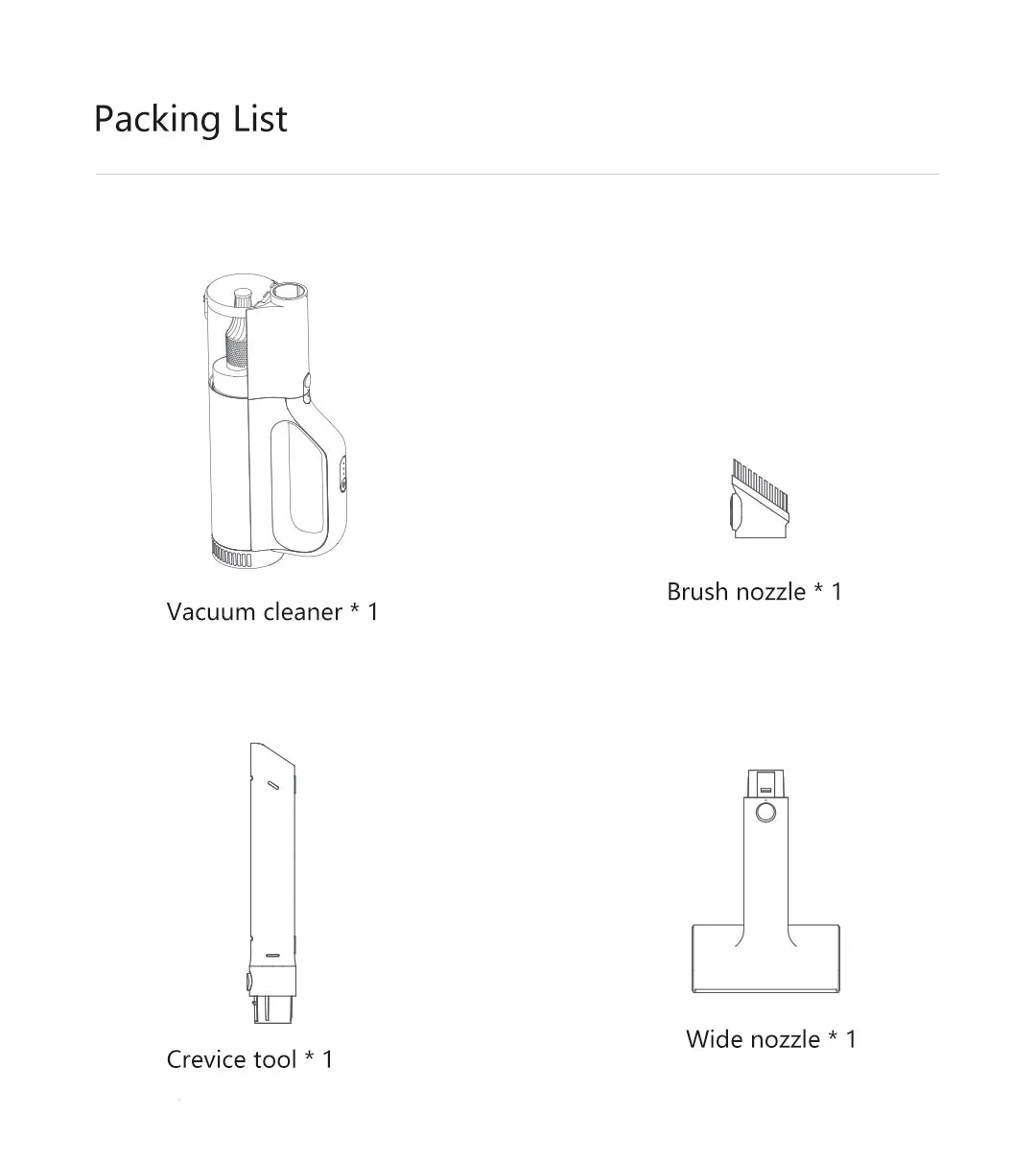 Packing list diagram with vacuum cleaner parts on a white background