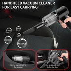 Handheld vacuum cleaner being used on a car seat with text highlighting its portability and cleaning capabiliti