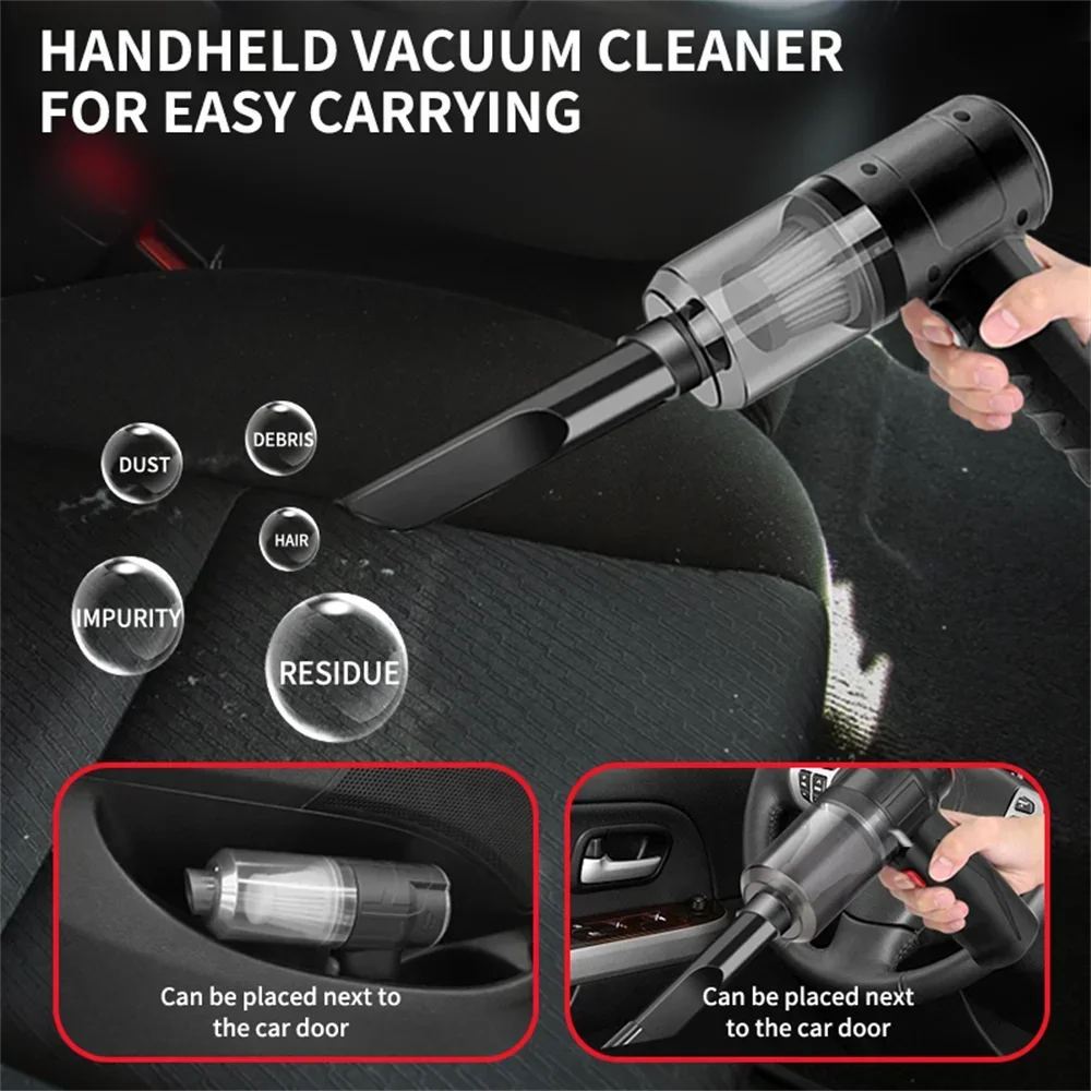 Handheld vacuum cleaner being used on a car seat with text highlighting its portability and cleaning capabiliti