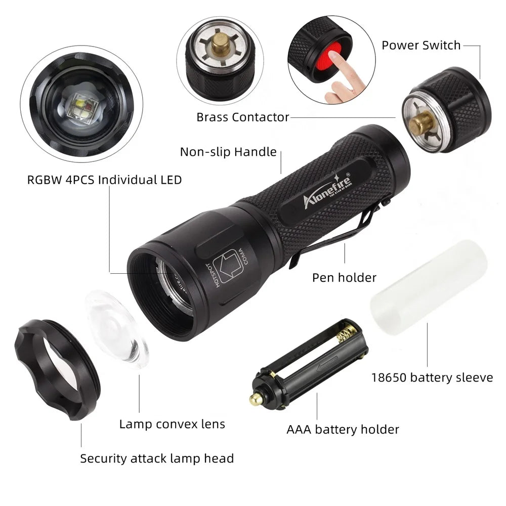 Alonefire X32 4-in-1 Multicolour LED Flashlight – Red, Blue, Green & White