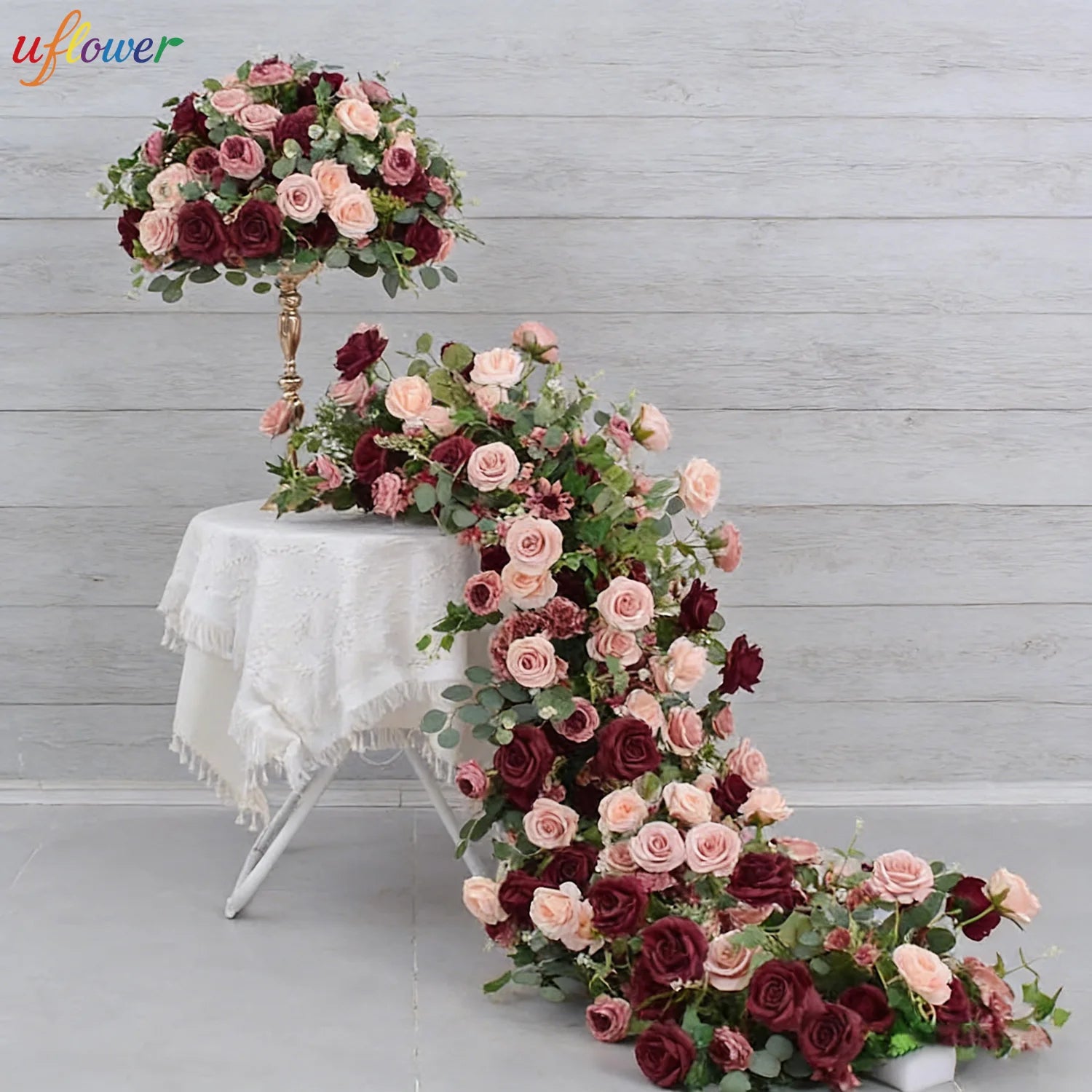 Uflower Red Rose Green Leaf Artificial Flowers-