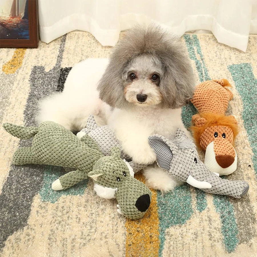 Animal Plush Squeaky Dog Toy – Bite-Resistant Lion, Wolf & Elephant | Small & Medium Dogs