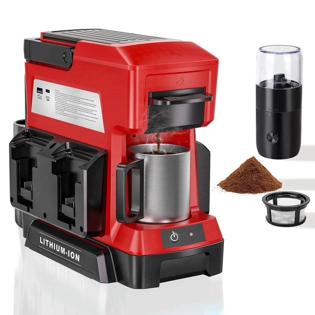 Red and black coffee maker with a grinder on a white background