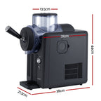 Black coffee grinder with dimensions marked on a white background