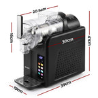 Black countertop coffee machine with a clear plastic bean bag filter and digital touch display, shown with red dimension lines and labels indicating width, height, and depth measurements on a white background.