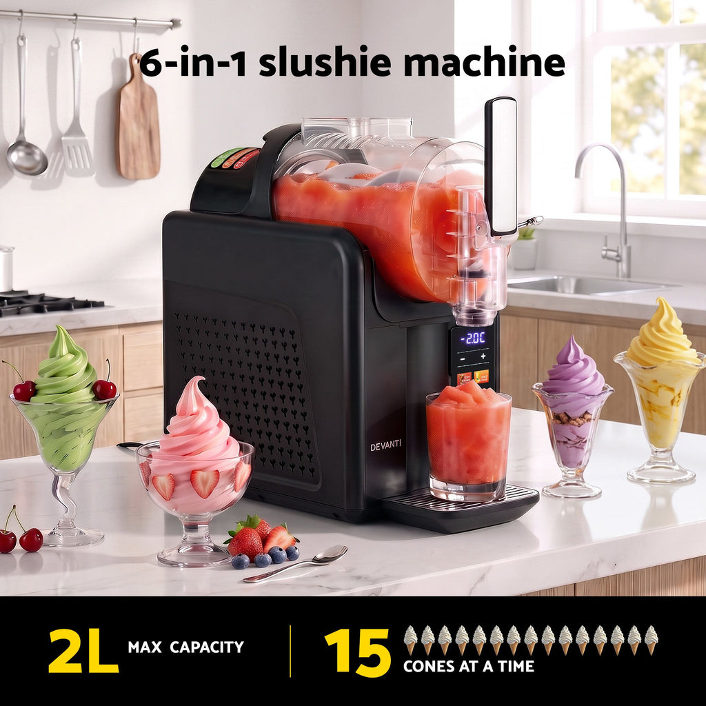 A black 6-in-1 slushie machine on a kitchen countertop, shown blending fruit and dispensing a drink, with colorful frozen drink cups around it. Text at the top reads '6-in-1 slushie machine' and text at the bottom says '2L MAX CAPACITY | 15 CONES AT A TIME'.