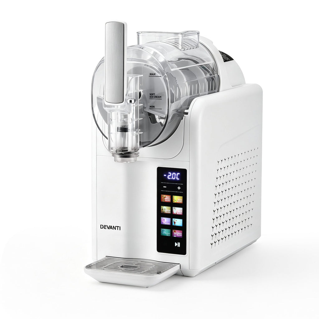 A Devanti ice machine in white with a clear plastic container, a digital touch screen display, and a drip tray, shown on a solid white background.