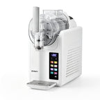 A Devanti ice machine in white with a clear plastic container, a digital touch screen display, and a drip tray, shown on a solid white background.