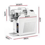 White countertop ice cream machine with dimension labels showing width, height, and depth measurements on a light gray background.