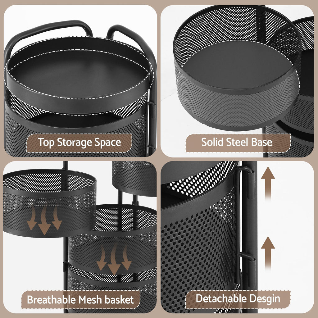Black metal storage rack with features highlighted on a beige background