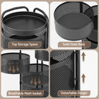 Black metal storage rack with features highlighted on a beige background