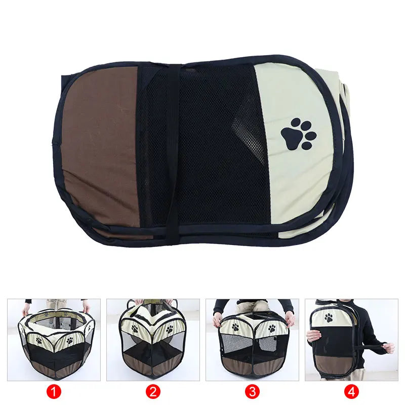 Pet carrier with paw print design on a white background