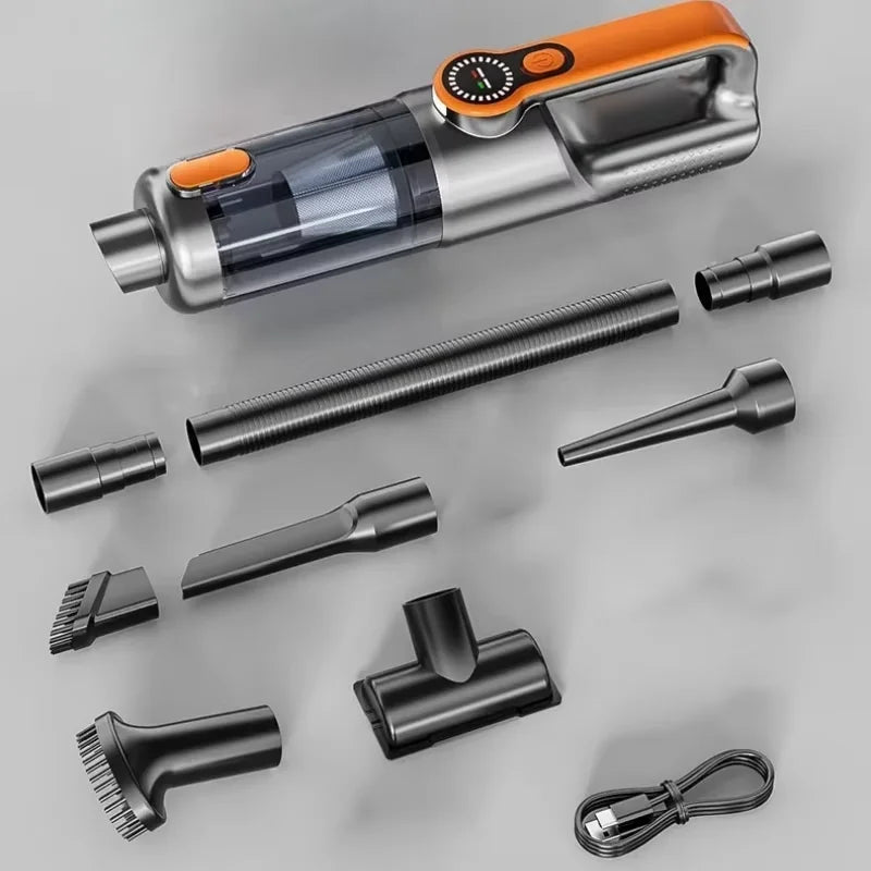 Handheld vacuum cleaner with various attachments on a gray background