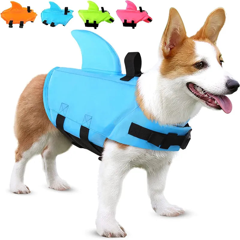 Dog wearing a blue shark fin life jacket with color options displayed above.