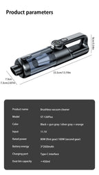 Brushless vacuum cleaner with dimensions and product parameters on a white background