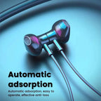 In-ear headphones with text about automatic adsorption on a blue gradient background