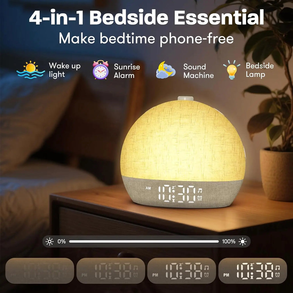 Wake Up Light Sunrise Alarm Clock — Sunset Simulation, White Noise, FM Radio & Dimmable RGB Night Light