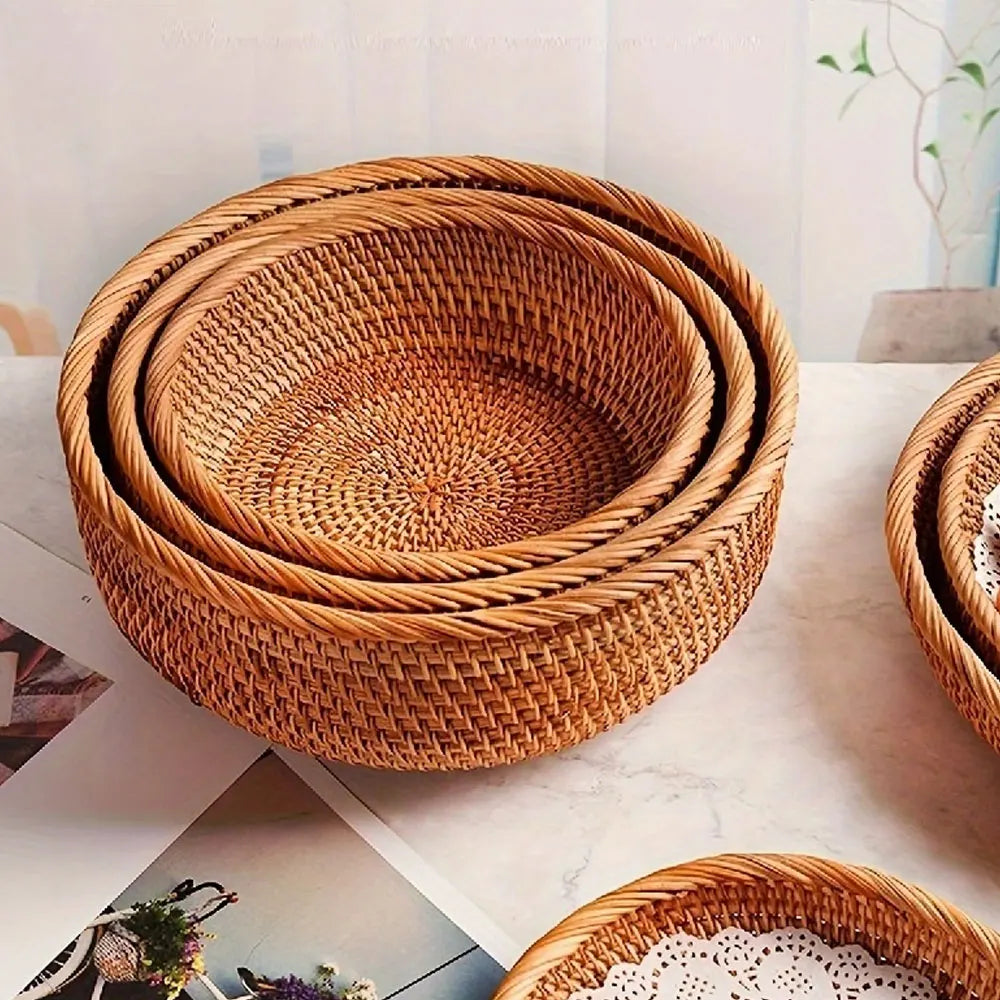 Handwoven Wicker Storage Baskets | Natural Straw Round Baskets | S, M & L