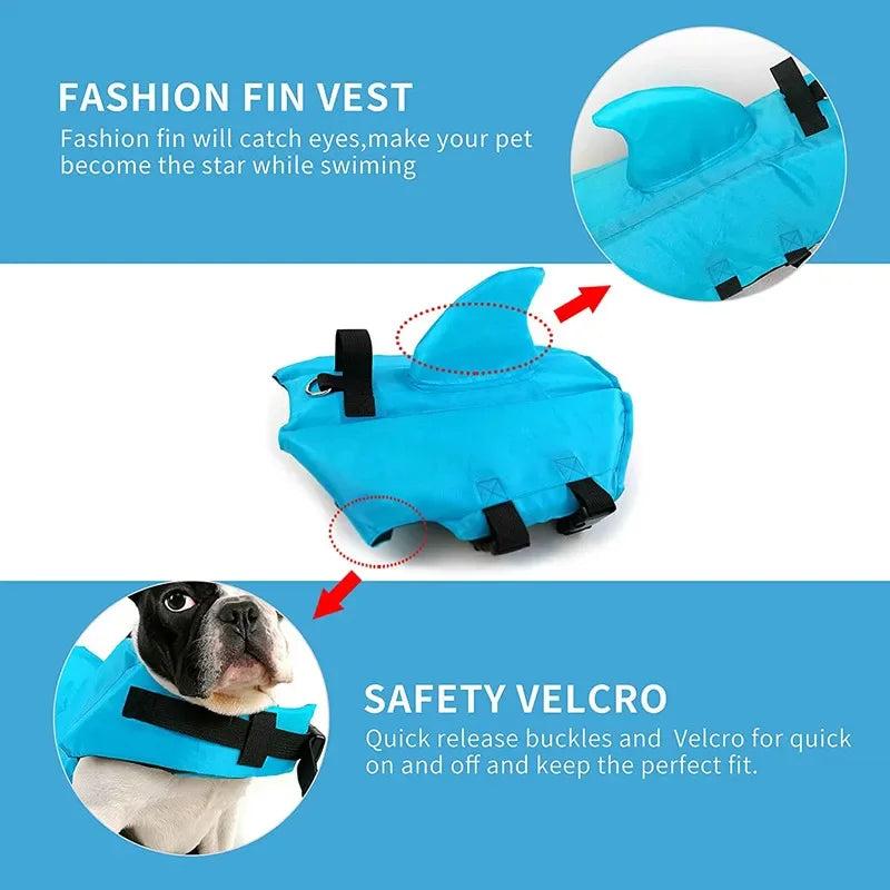 Blue dog life vest with fashion fin and safety velcro features on a blue backgroud