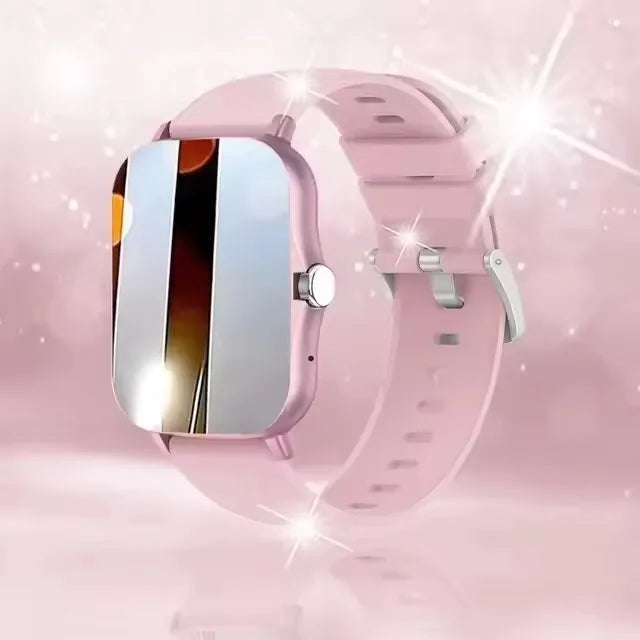 Smartwatch with a pink strap on a reflective surface with a sparkling background