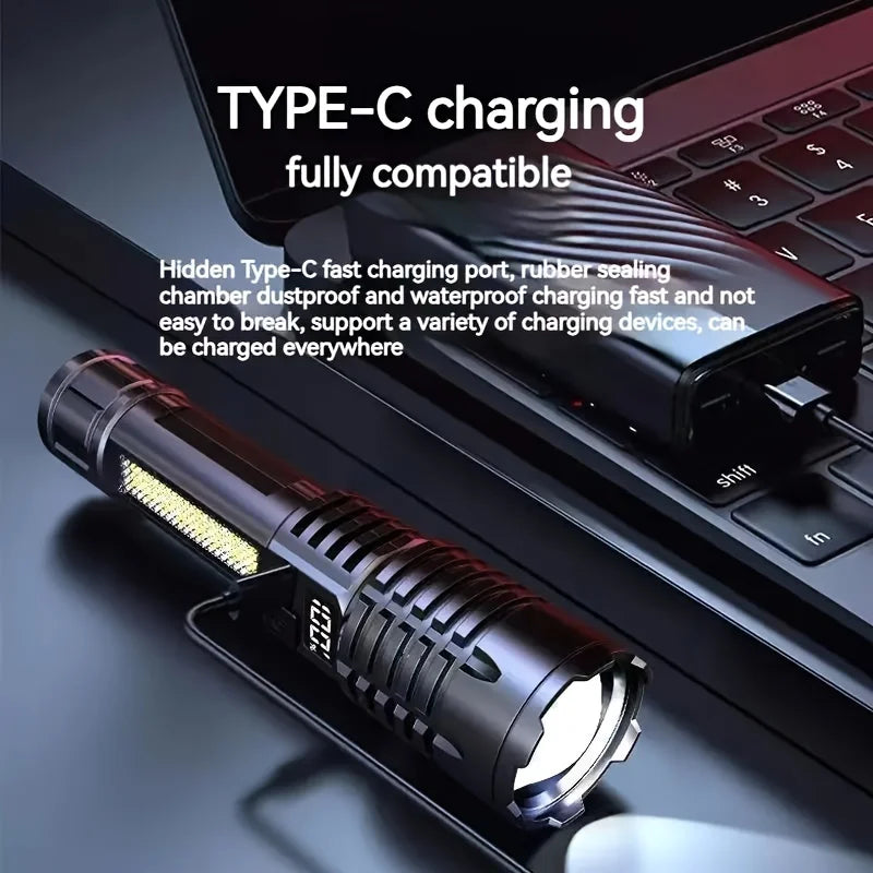 Flashlight with Type-C charging port on a laptop background