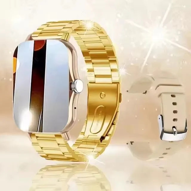 Gold smartwatch on a reflective surface with a white background