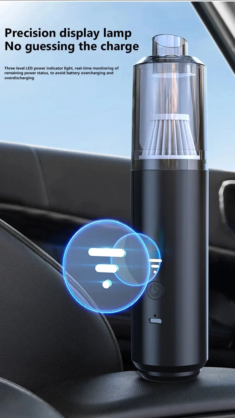 Black electronic device on a car dashboard with charging indicator lights