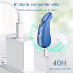 Blue electronic  hyeaing aid with  cable for uninerrupted power from day to nigh